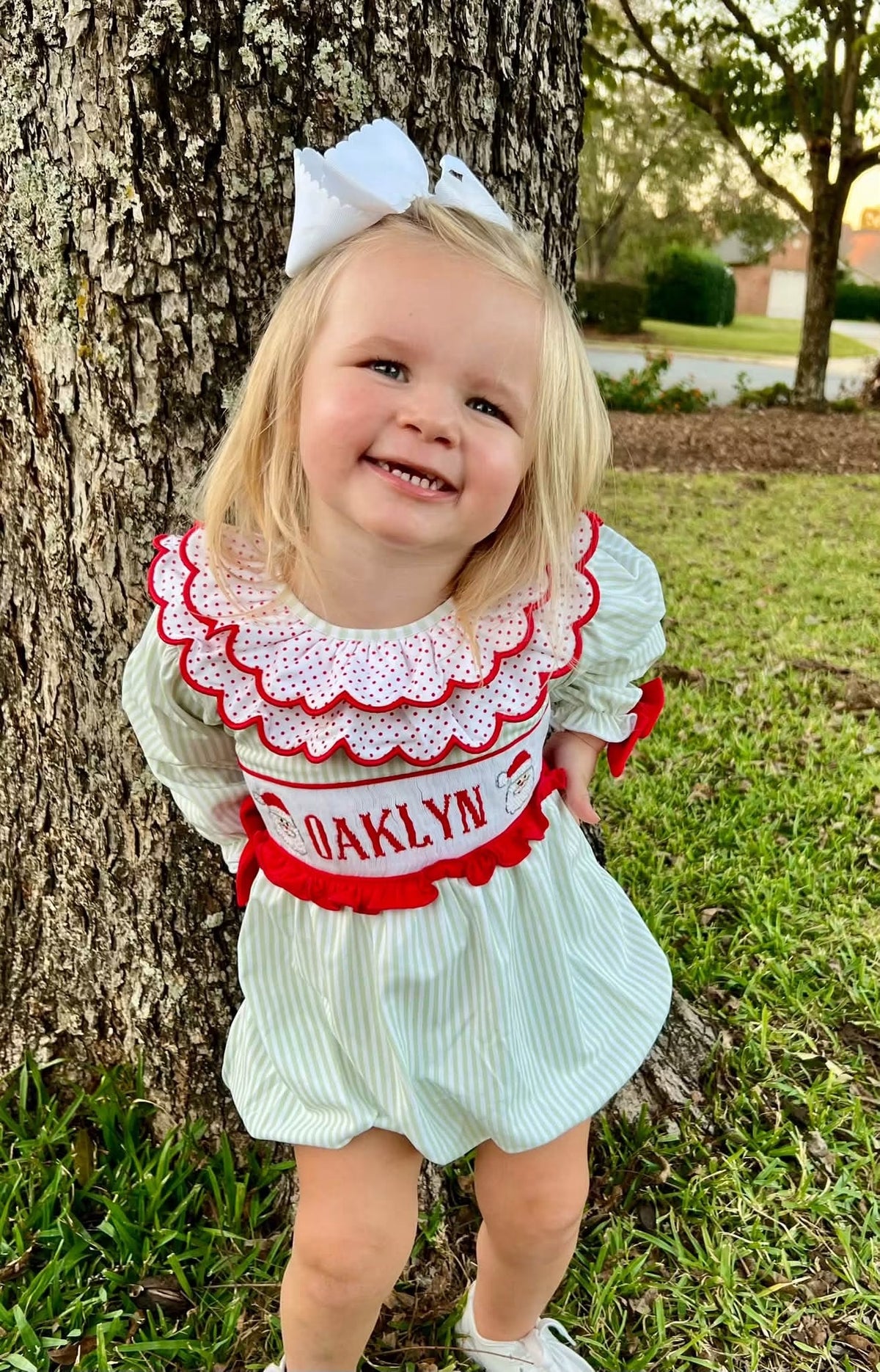 Santa Name Smocks (White Santa): Girl’s Bubble - "SANTA BABY"