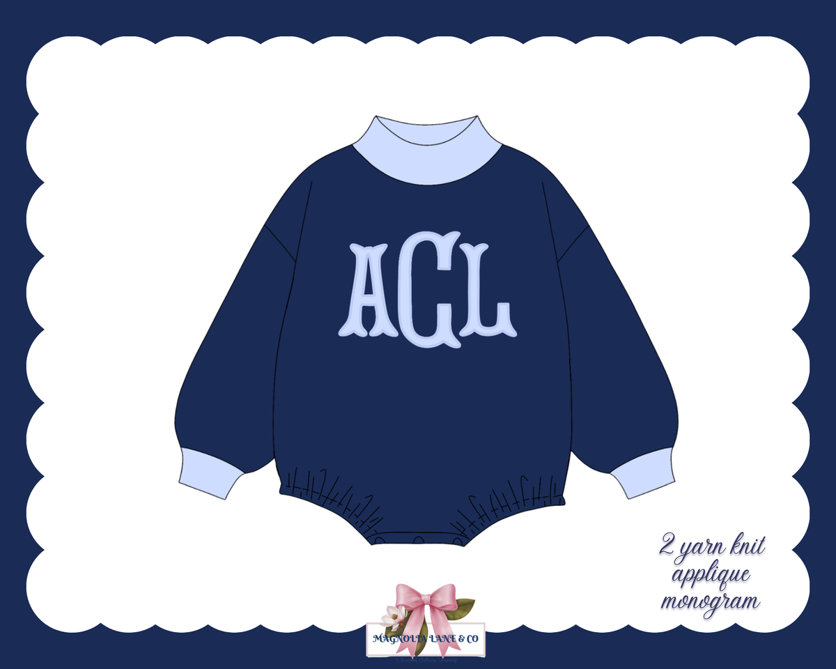 PO30: Boy's Blue & Navy Applique Monogram Bubble (ETA: January)