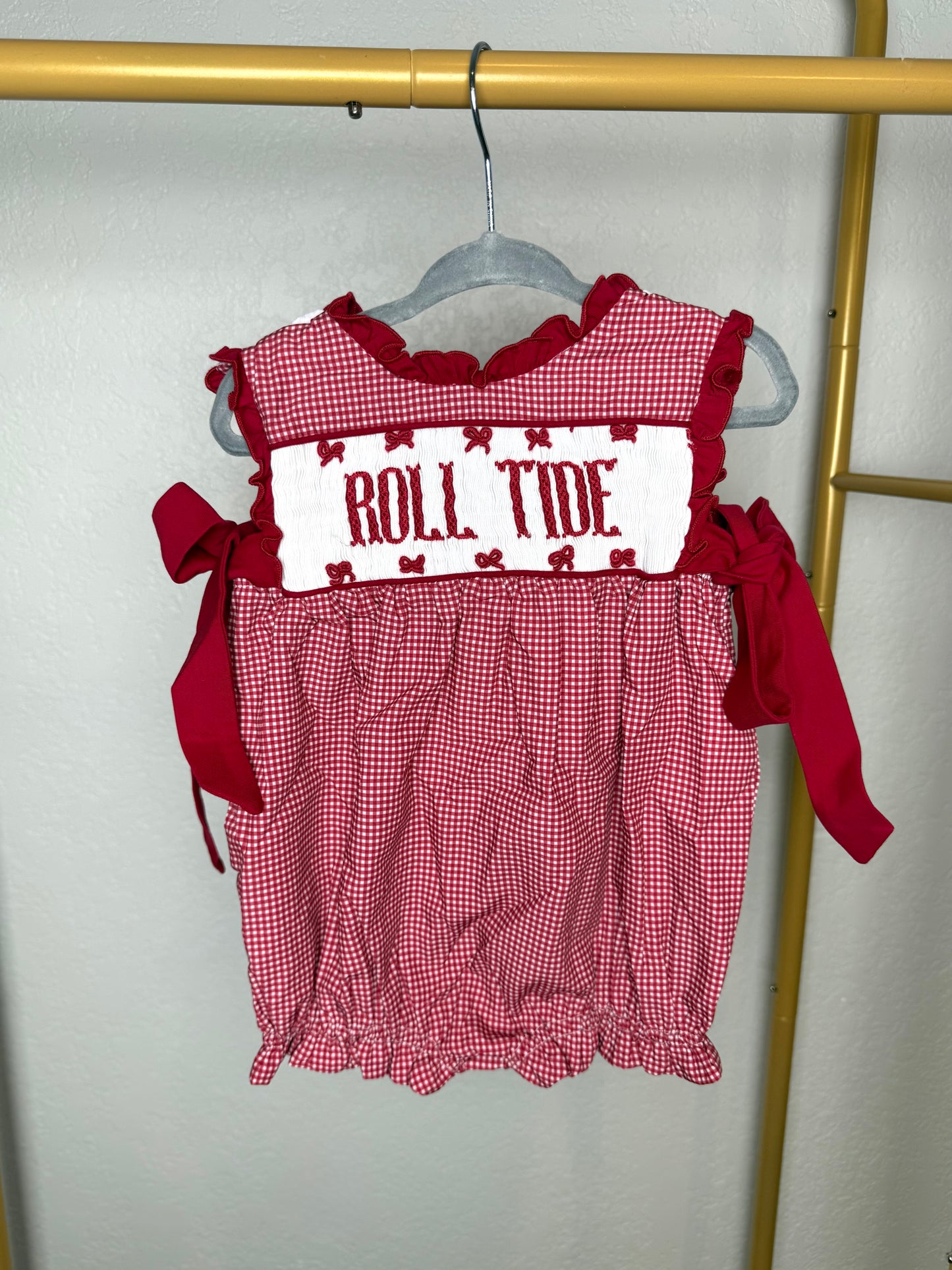 Girl’s Crimson & White Gingham Game Day Bloomer Set - "ROLL TIDE" on both sides