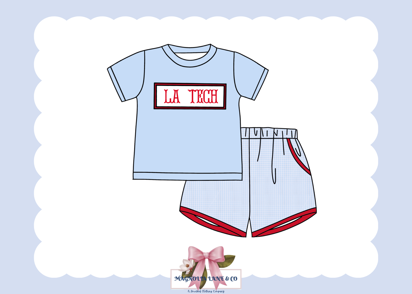 PO23: Boy’s Light Blue & Red Gingham Game Day Shorts Set