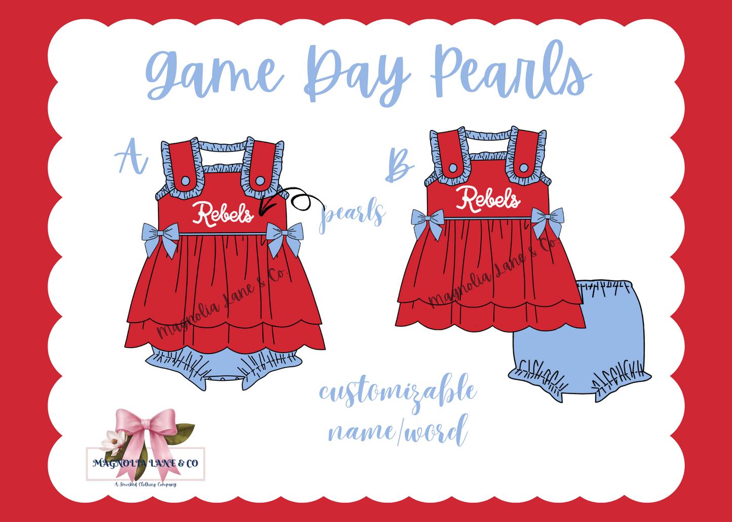 Powder Blue/Red Game Day Pearls - Bloomer Set