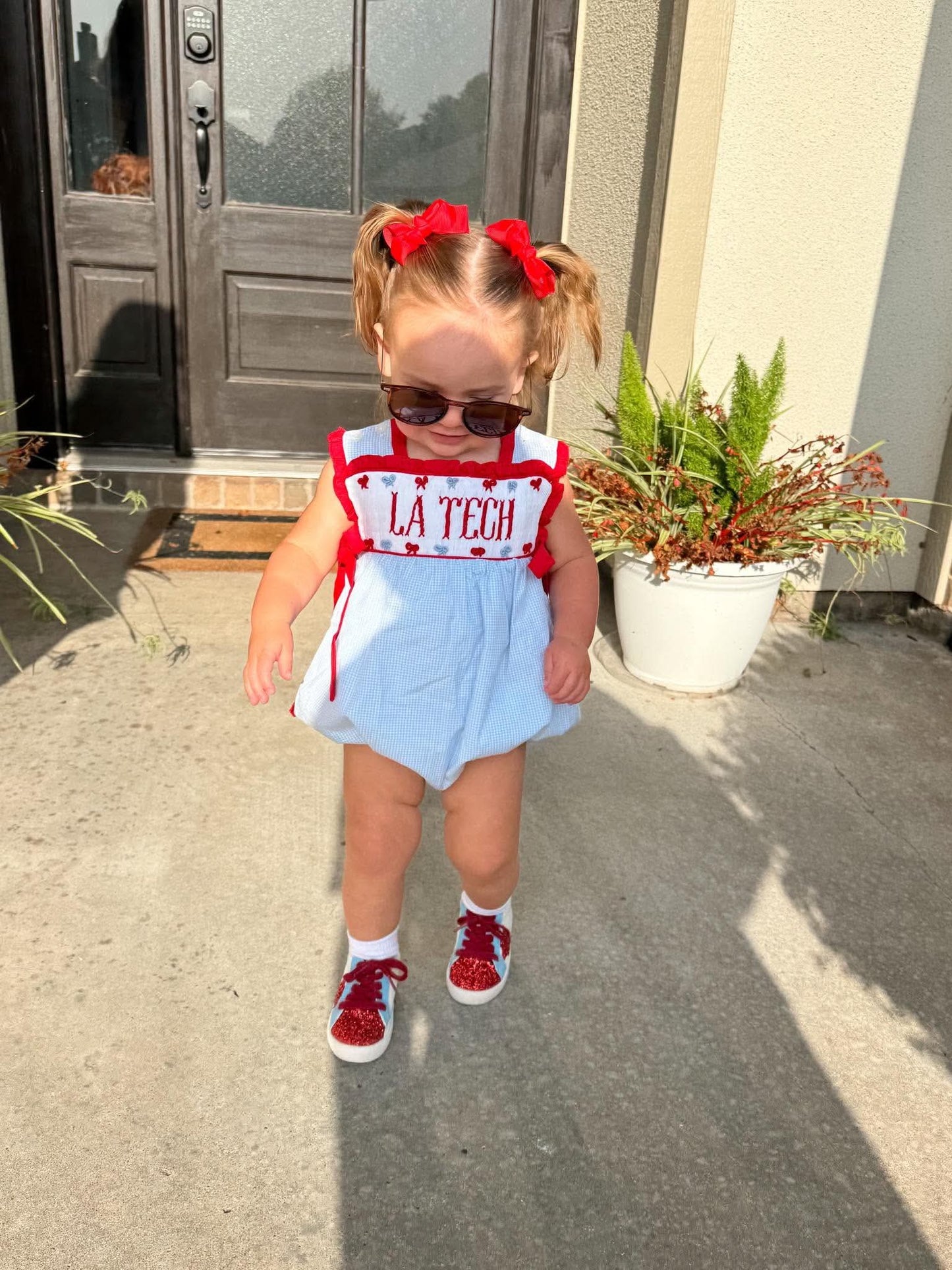 Girl’s Light Blue & Red Gingham Game Day Bubble - "HOTTY TODDY" on both sides