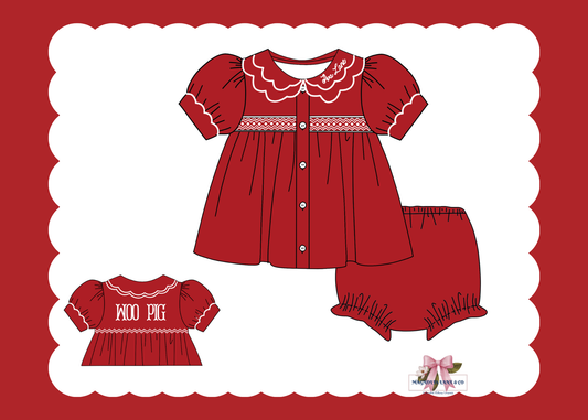 PO23: Girl’s Crimson/Cardinal Red & White Tiny Tailgaters Bloomer Set/Dress
