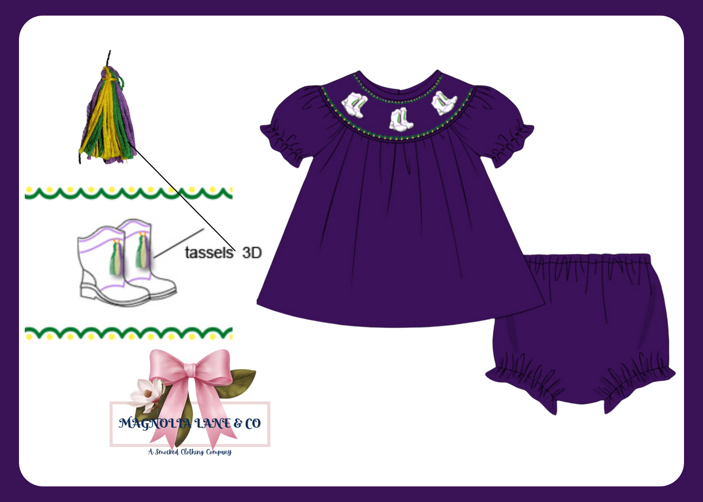 Hand Smocked Mardi Gras Boots - BLOOMER SET