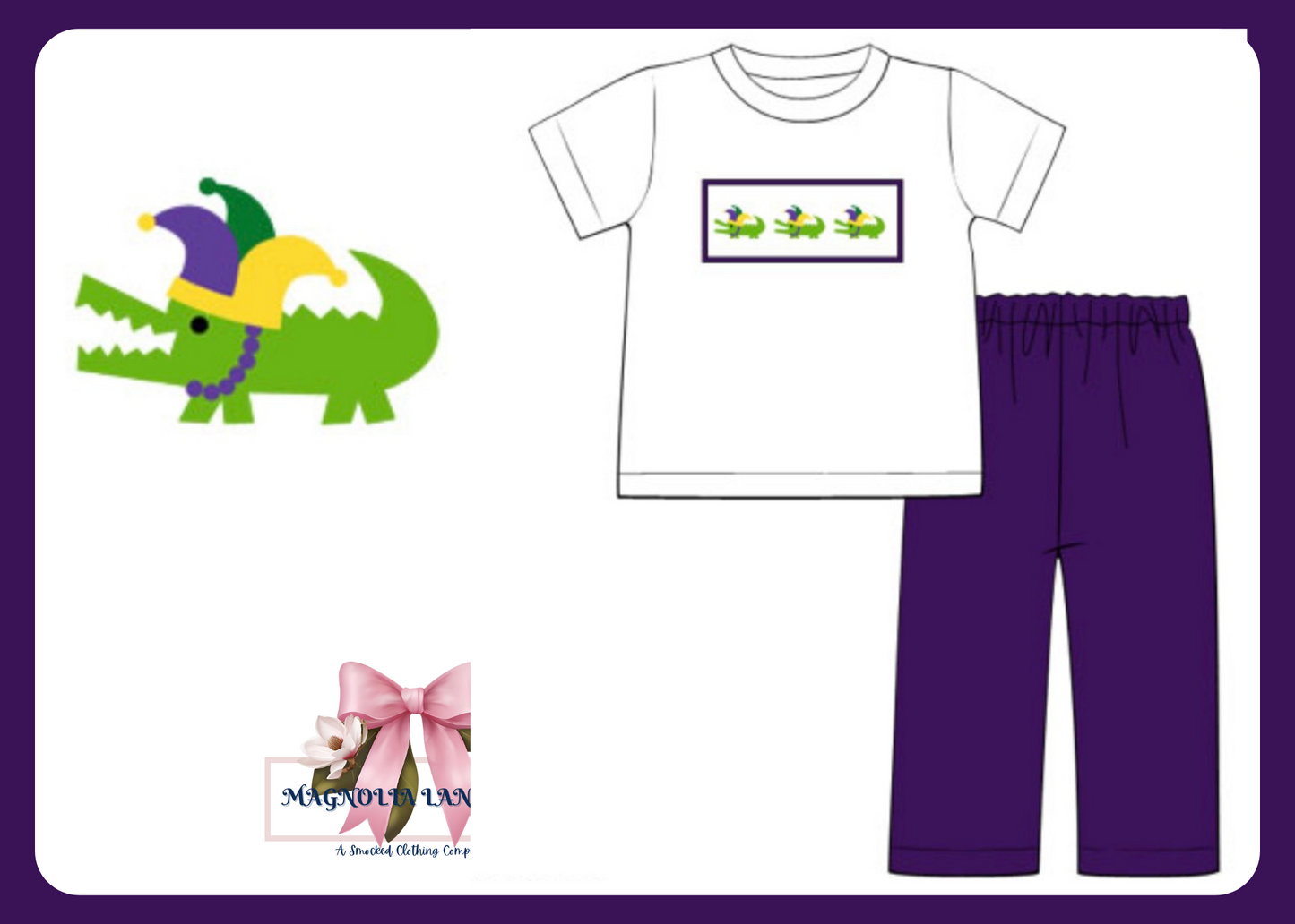 Hand Smocked Mardi Gras Gator - Pants Set