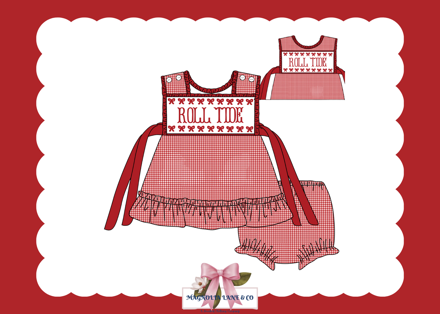 PO23: Girl’s Crimson/Cardinal Red & White Gingham Game Day Bloomer Set/Dress