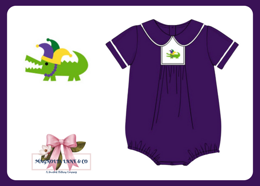 Hand Smocked Mardi Gras Gator- BUBBLE