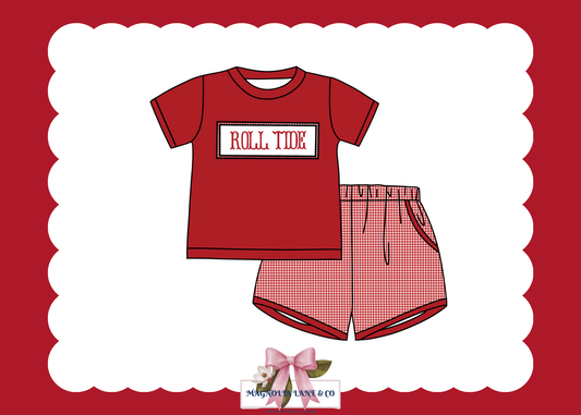 PO23: Boy’s Crimson/Cardinal Red & White Gingham Game Day Shorts Set
