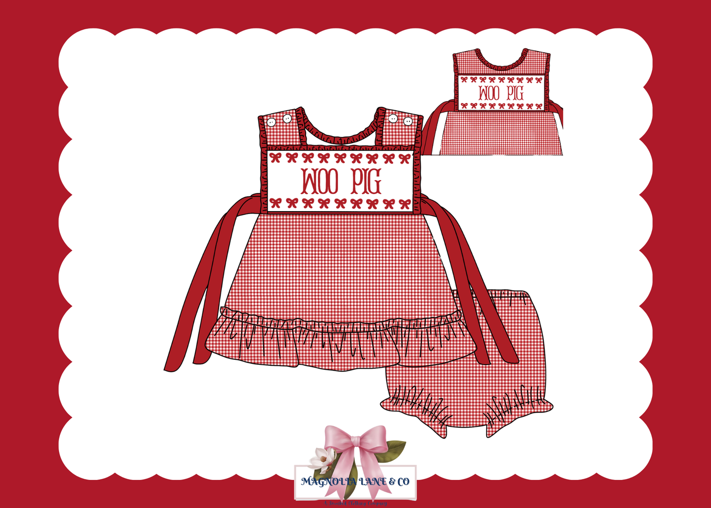 PO23: Girl’s Crimson/Cardinal Red & White Gingham Game Day Bloomer Set/Dress