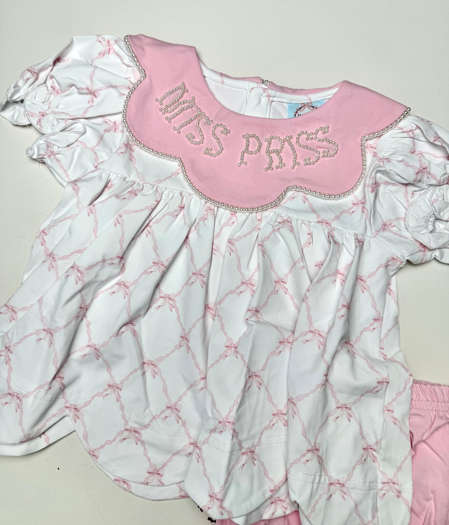 Pink Bow Trellis Pearl Name Bloomer Set - "MISS PRISS"
