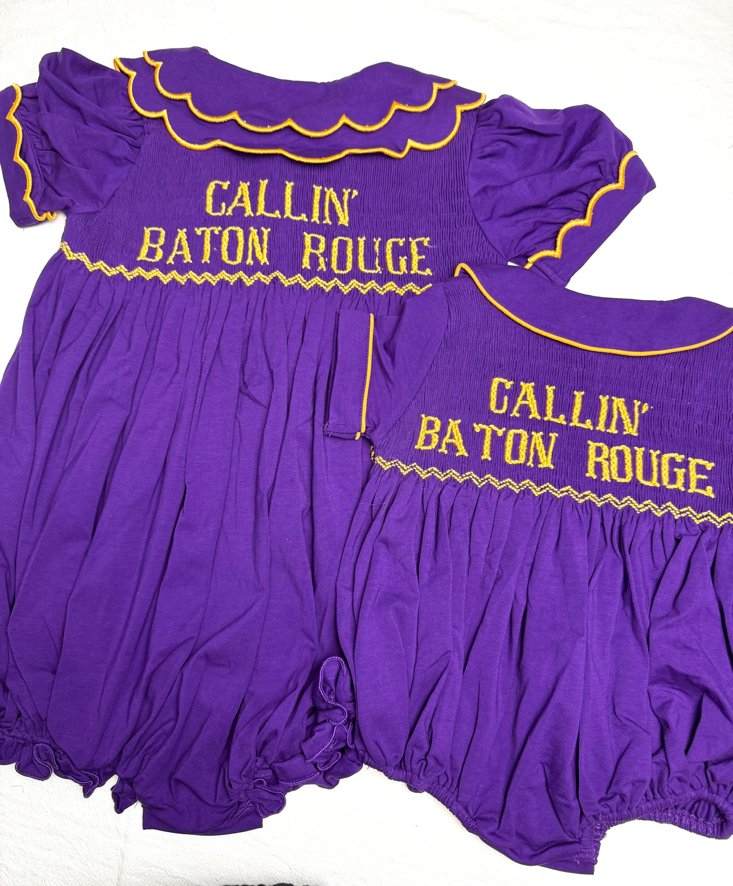 Girl's Purple & Gold Tiny Tailgater Bloomer Set - "CALLIN' BATON ROUGE"