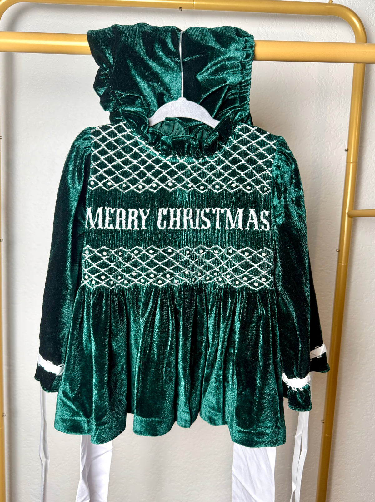 Green Velvet: Girl’s Bloomer Set - "MERRY CHRISTMAS"