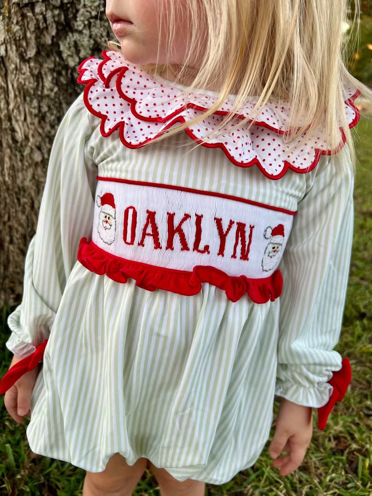 Santa Name Smocks (White Santa): Girl’s Bubble - "SANTA BABY"