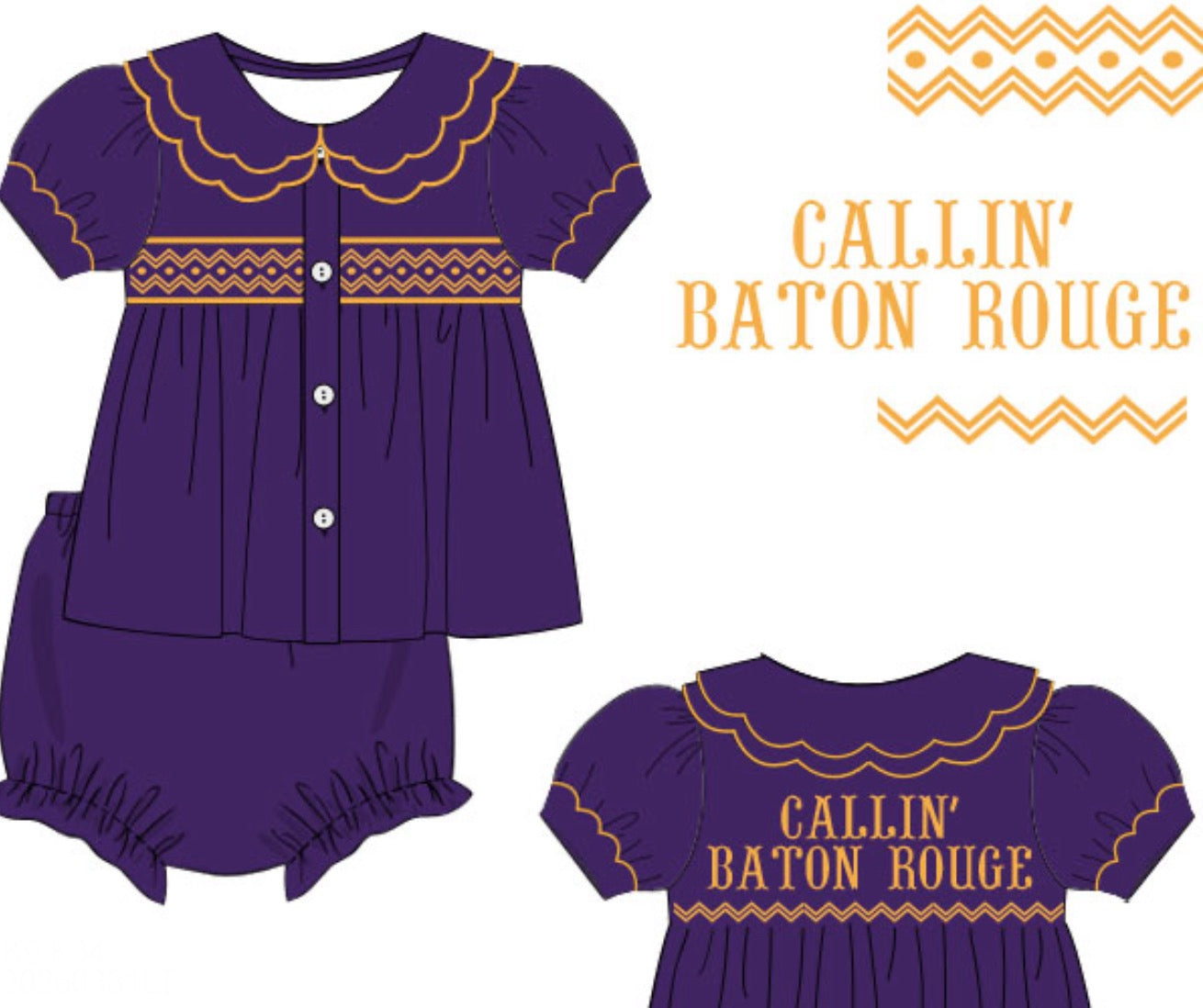 Girl's Purple & Gold Tiny Tailgater Bloomer Set - "CALLIN' BATON ROUGE"