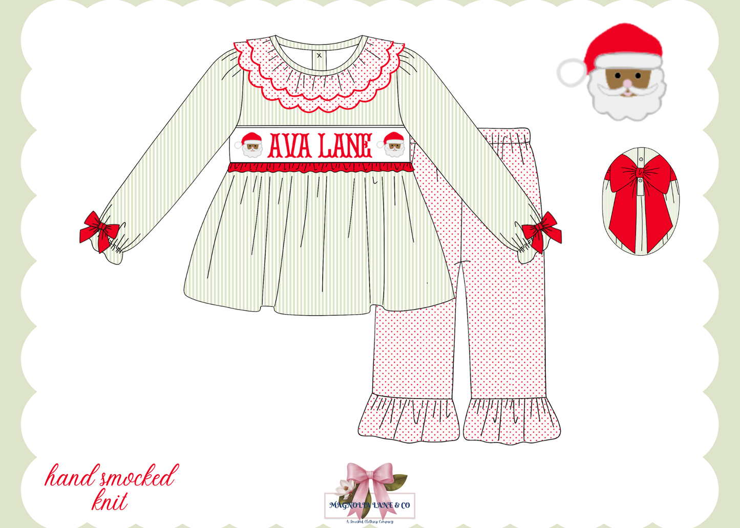 PO26: Santa Name Smocks (Brown Santa): Girl’s Pants Set (ETA: October)