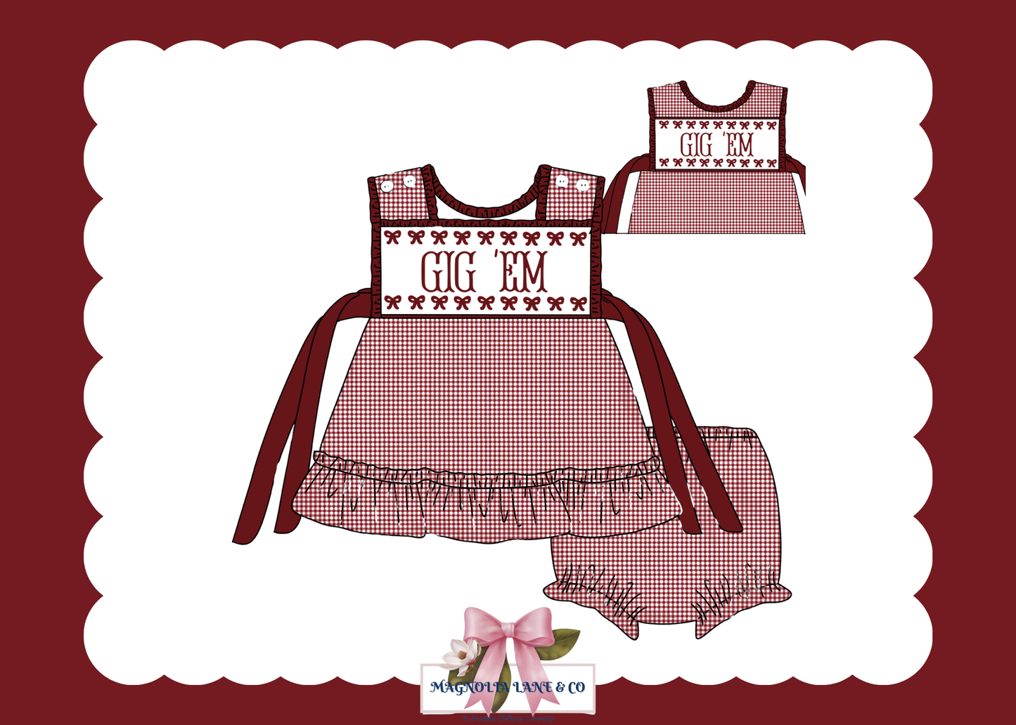 PO23: Girl’s Maroon & White Gingham Game Day Bloomer Set/Dress