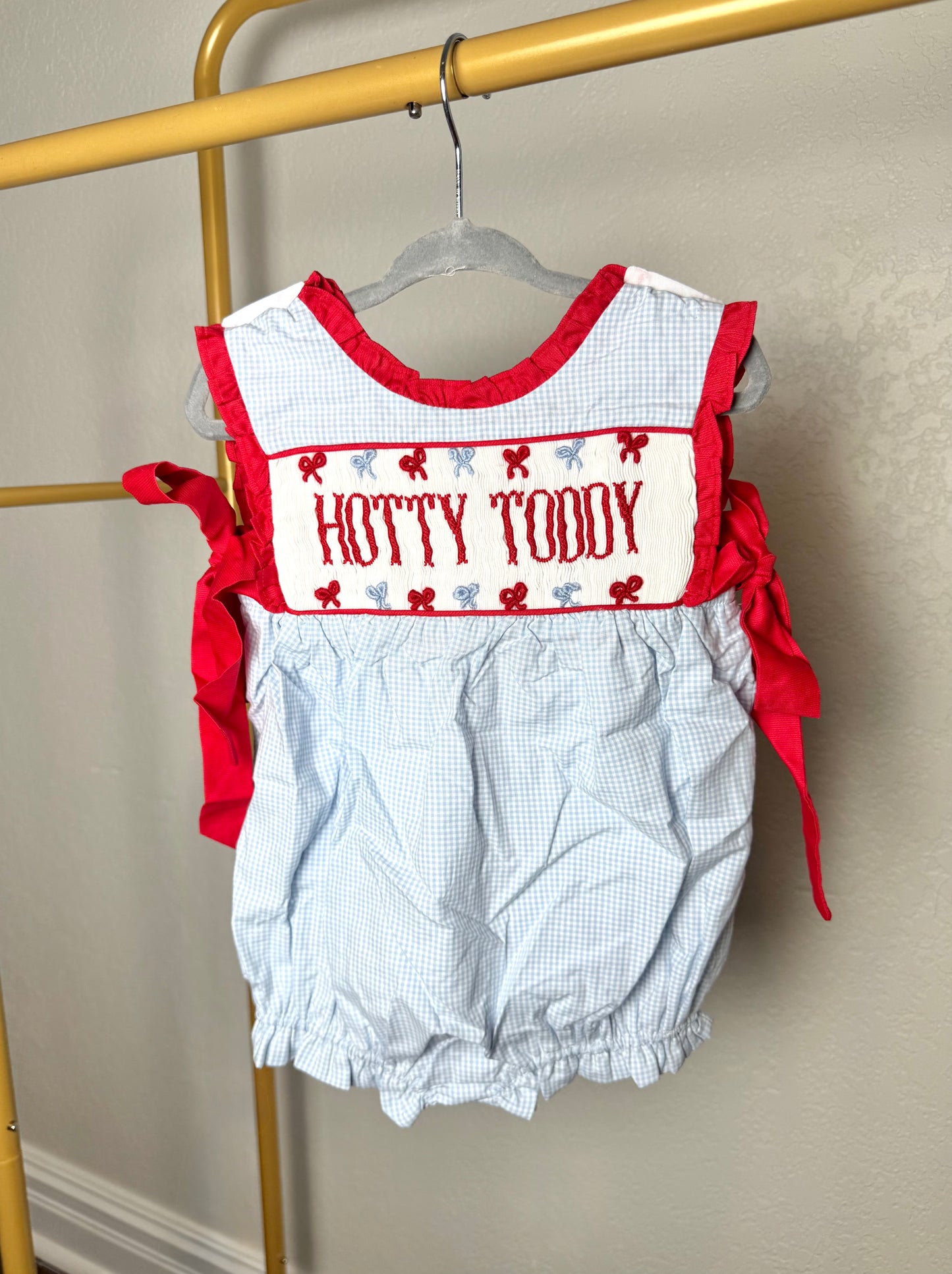 Girl’s Light Blue & Red Gingham Game Day Bubble - "HOTTY TODDY" on both sides