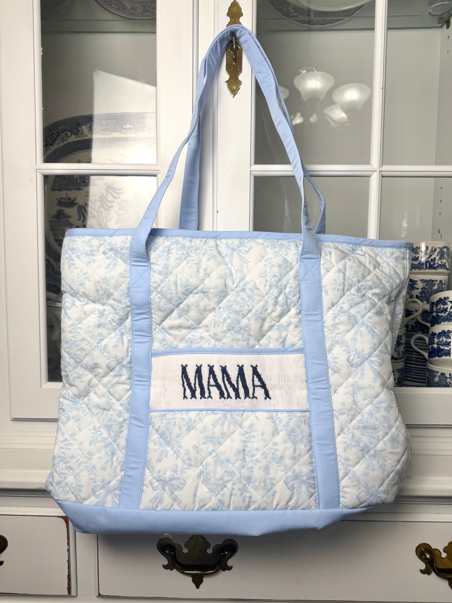 Blue Bow Toile Magnolia Tote - "MAMA"