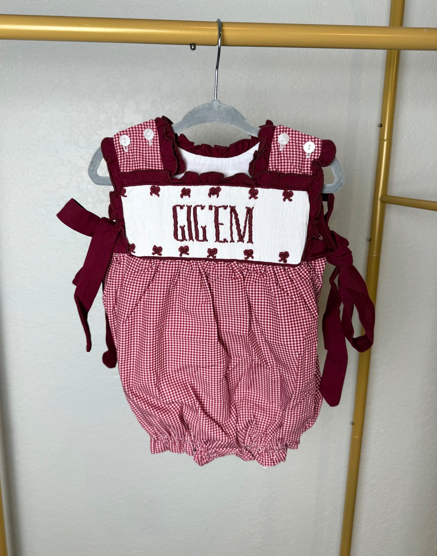 Girl’s Maroon & White Gingham Game Day Bubble - "GIG 'EM"/"AGGIES"