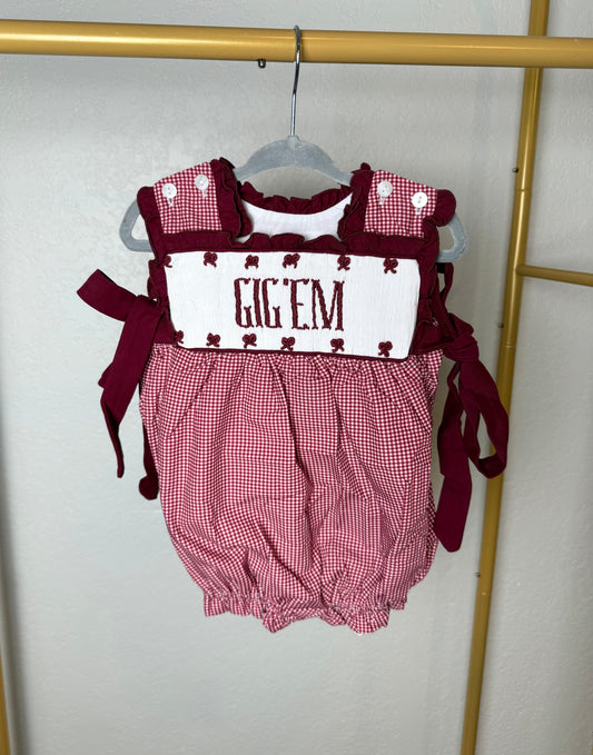 Girl’s Maroon & White Gingham Game Day Bubble - "GIG 'EM"/"AGGIES"