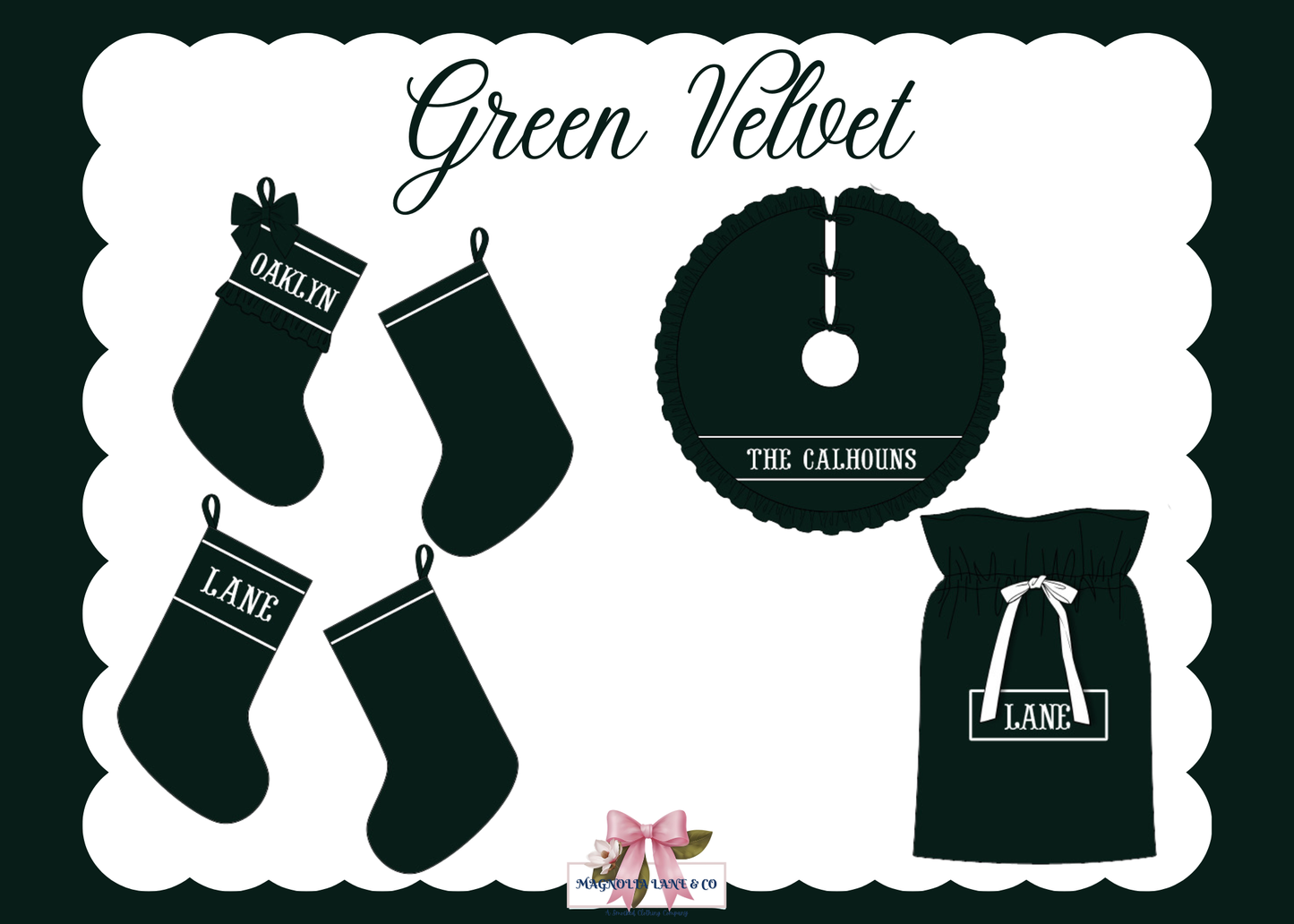 PO27: Green Velvet Quilted Stockings, Tree Skirts, & Santa Sacks (ETA: November)