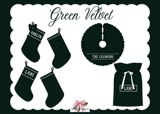 PO27: Green Velvet Quilted Stockings, Tree Skirts, & Santa Sacks (ETA: November)