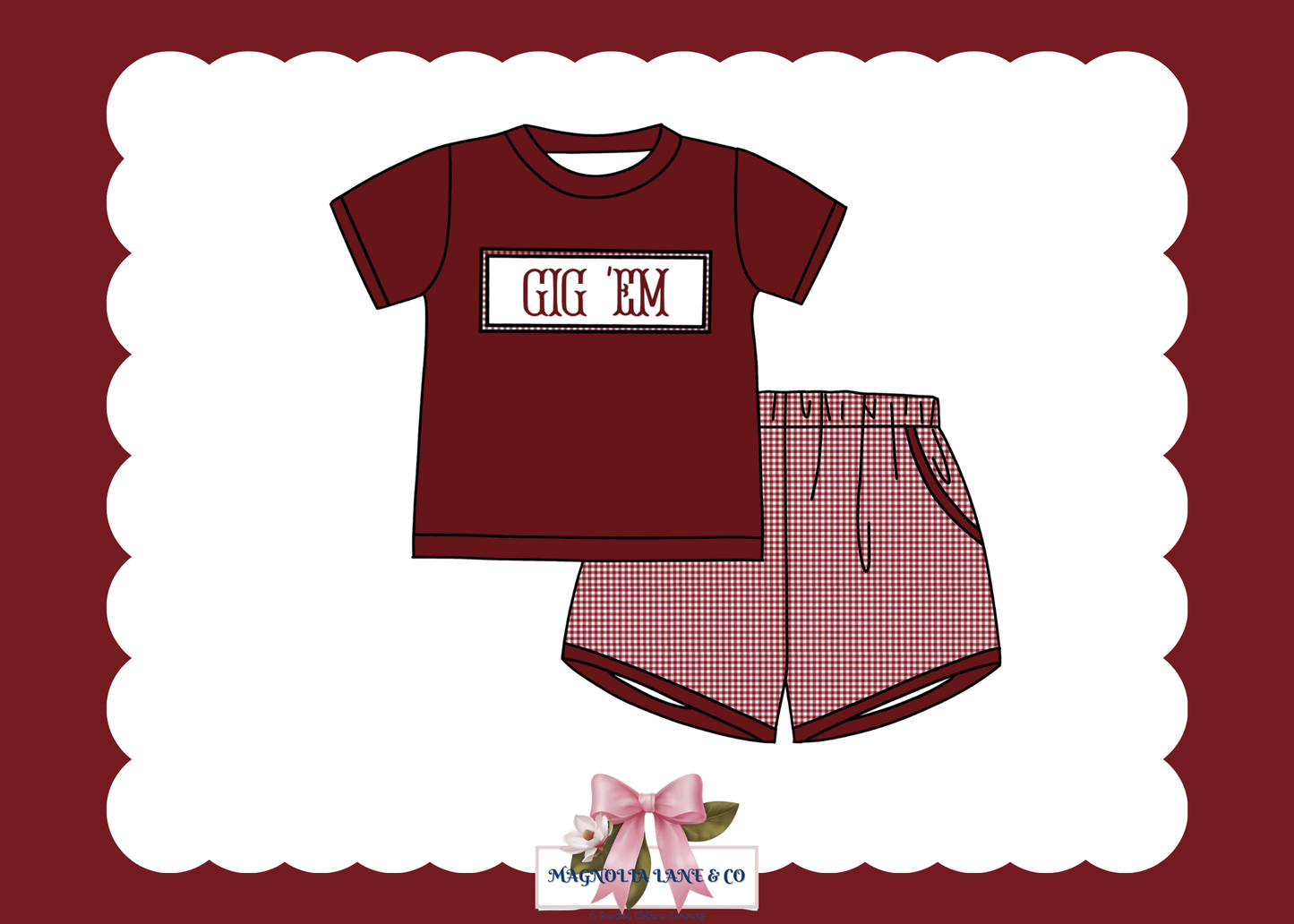 PO23: Boy’s Maroon & White Gingham Game Day Shorts Set