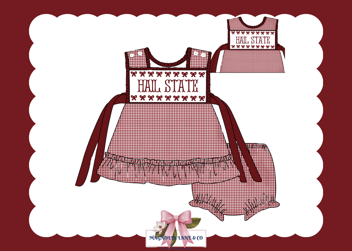 PO23: Girl’s Maroon & White Gingham Game Day Bloomer Set/Dress
