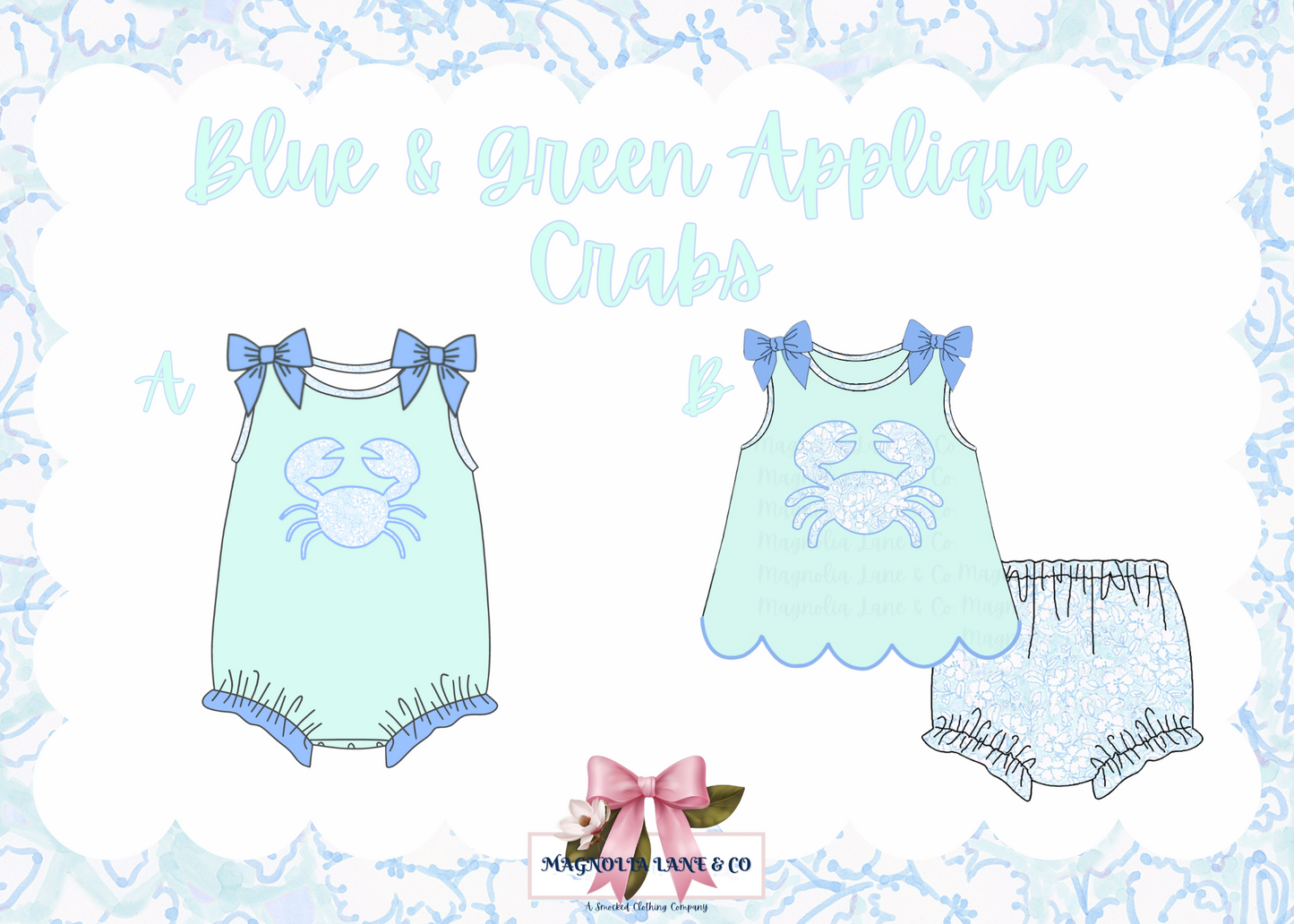 Girl's Blue & Green Applique Crabs: BUBBLE