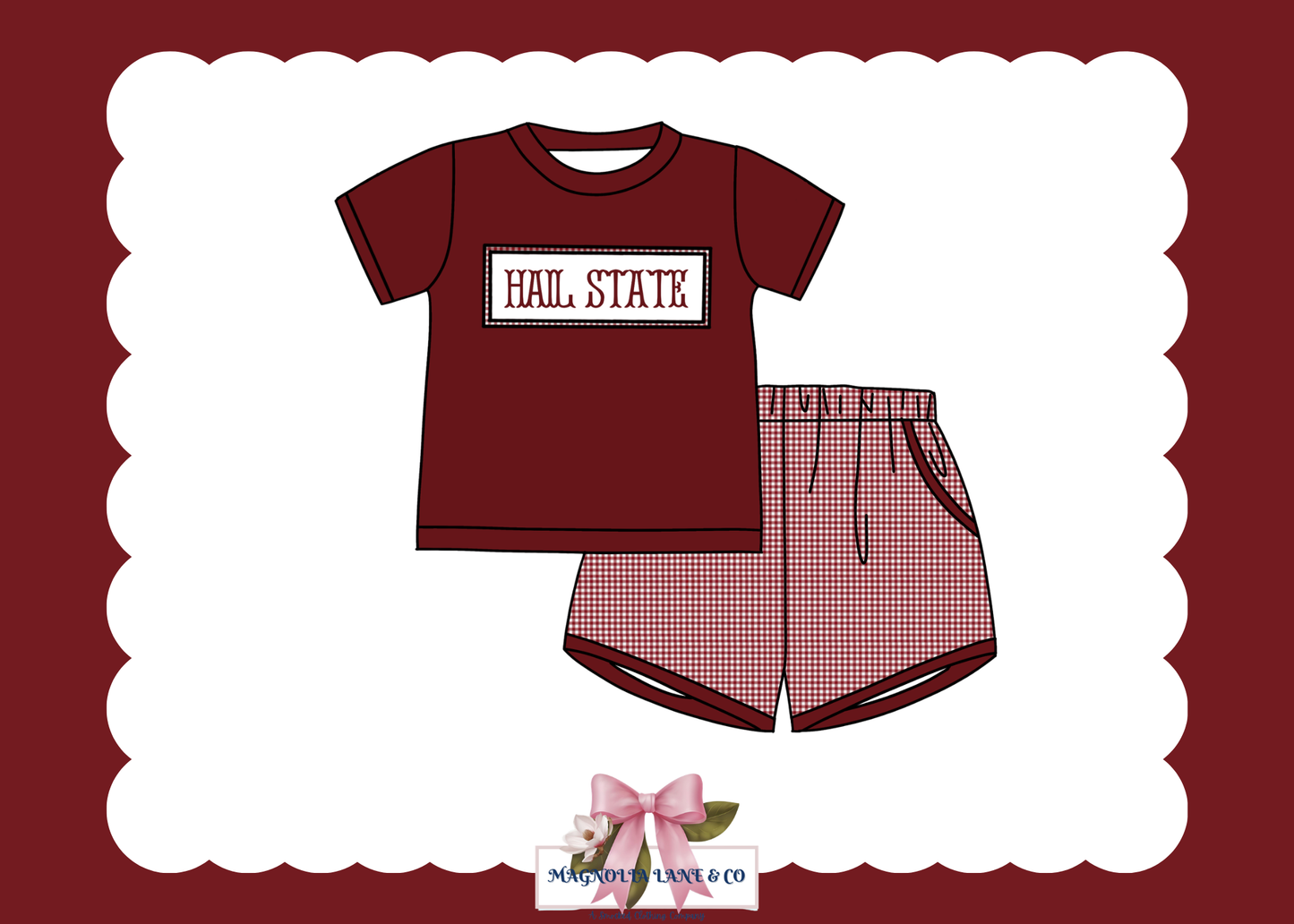 PO23: Boy’s Maroon & White Gingham Game Day Shorts Set