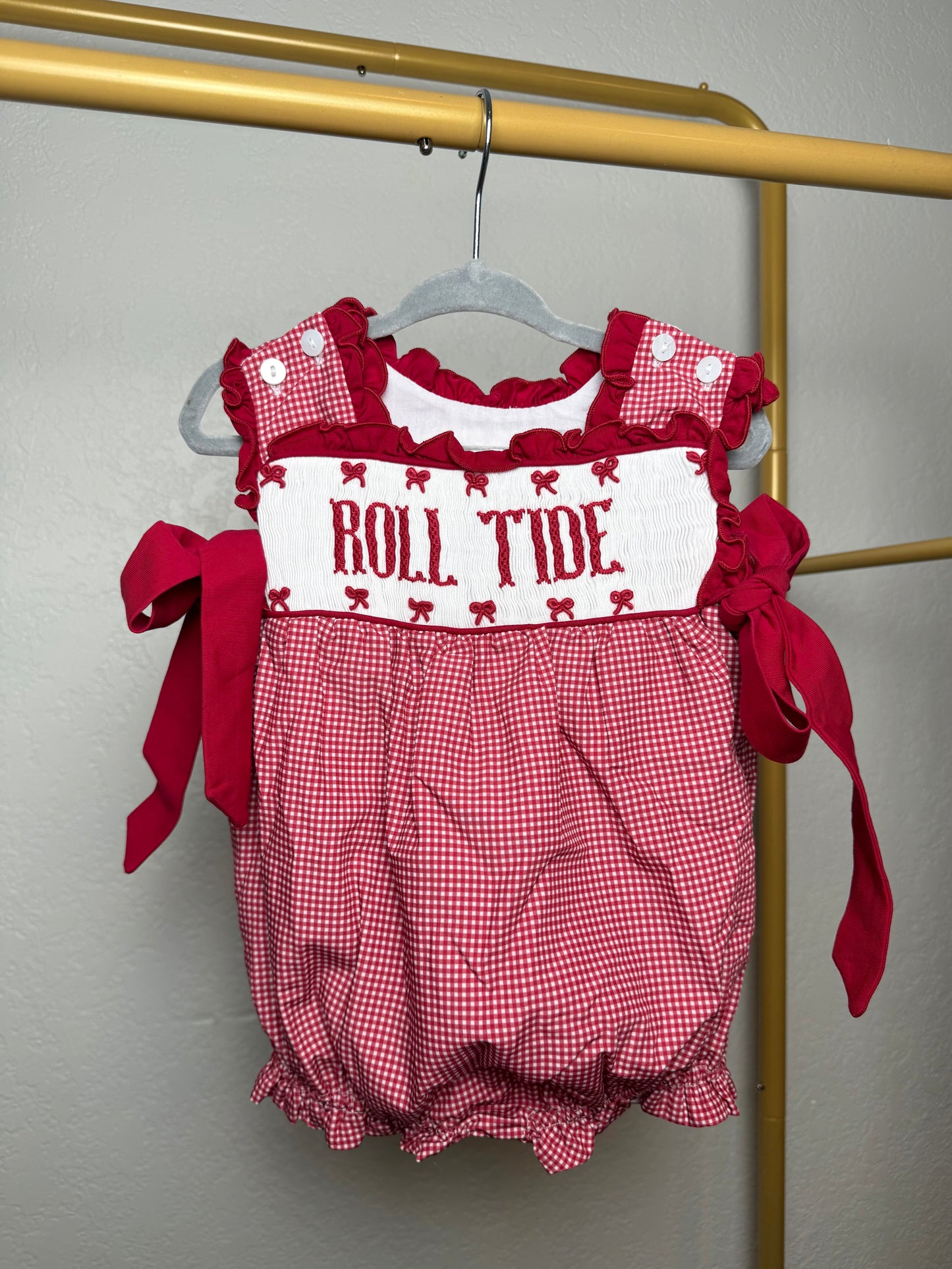 Girl’s Crimson & White Gingham Game Day Bloomer Set - "ROLL TIDE" on both sides