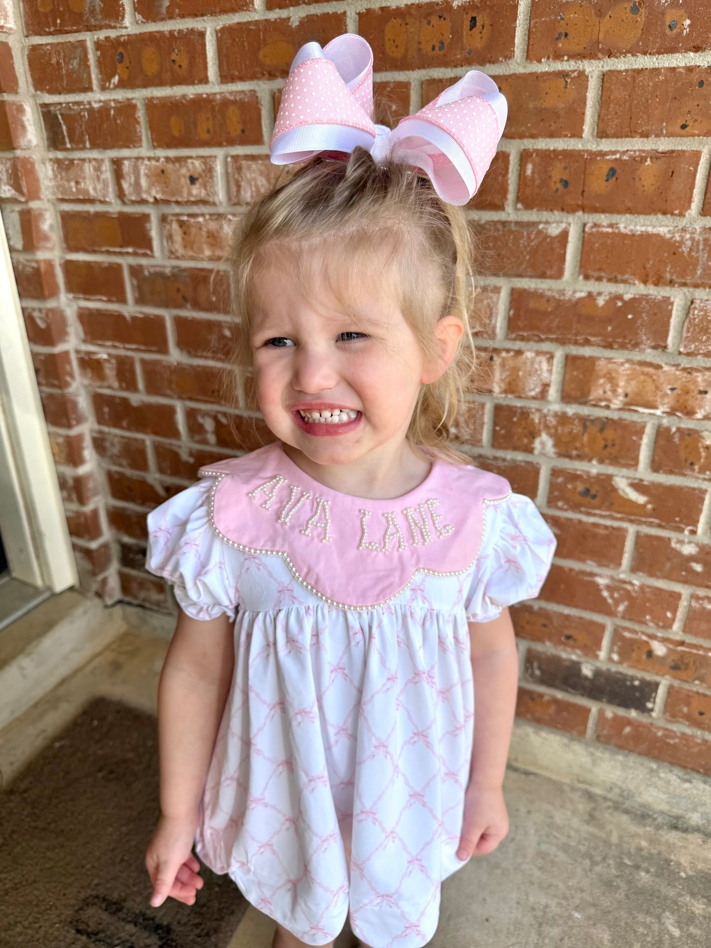 Pink Bow Trellis Pearl Name Bloomer Set - "MISS PRISS"