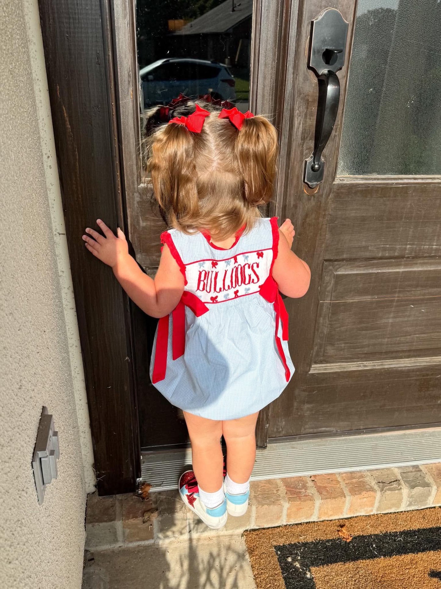 Girl’s Light Blue & Red Gingham Game Day Bubble - "HOTTY TODDY" on both sides