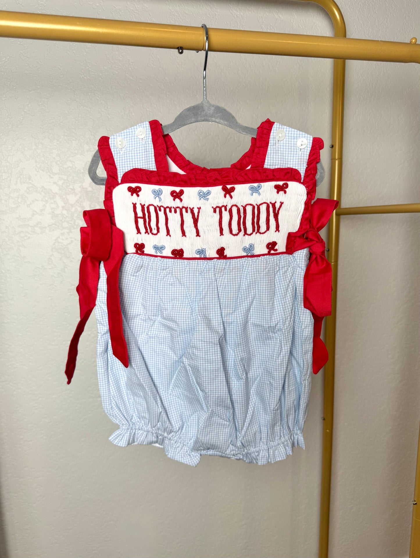 Girl’s Light Blue & Red Gingham Game Day Bubble - "HOTTY TODDY" on both sides