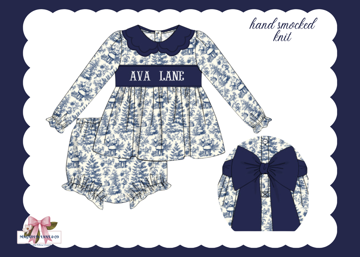 PO27: Girl's Navy Santa Toile Bloomer Set/Dress (ETA: November)
