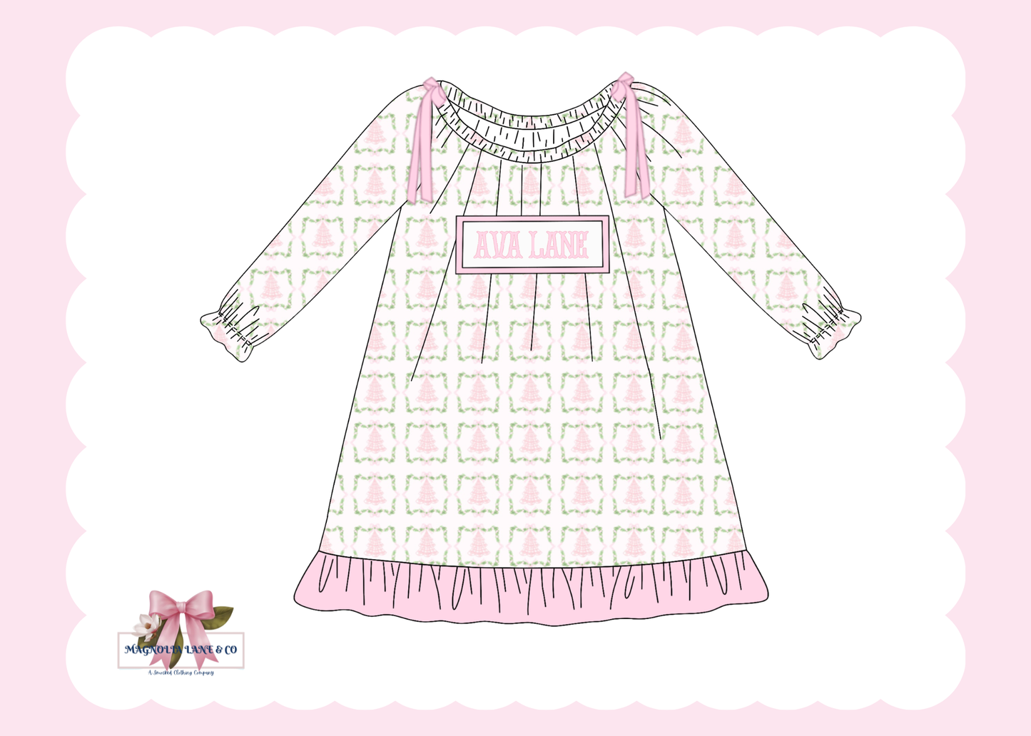 PO27: Girl's Pink Gingham Trees Nightgown`(ETA: November)