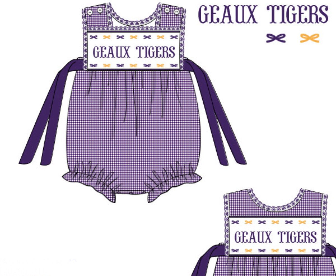 Girl’s Purple & Gold Gingham Game Day Bubble - "GEAUX TIGERS" on both sides