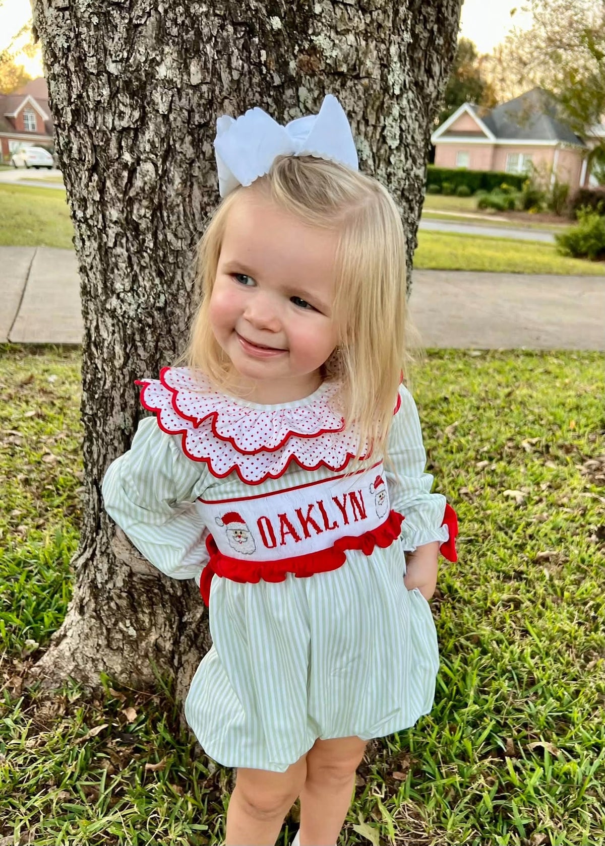 Santa Name Smocks (White Santa): Girl’s Bubble - "SANTA BABY"