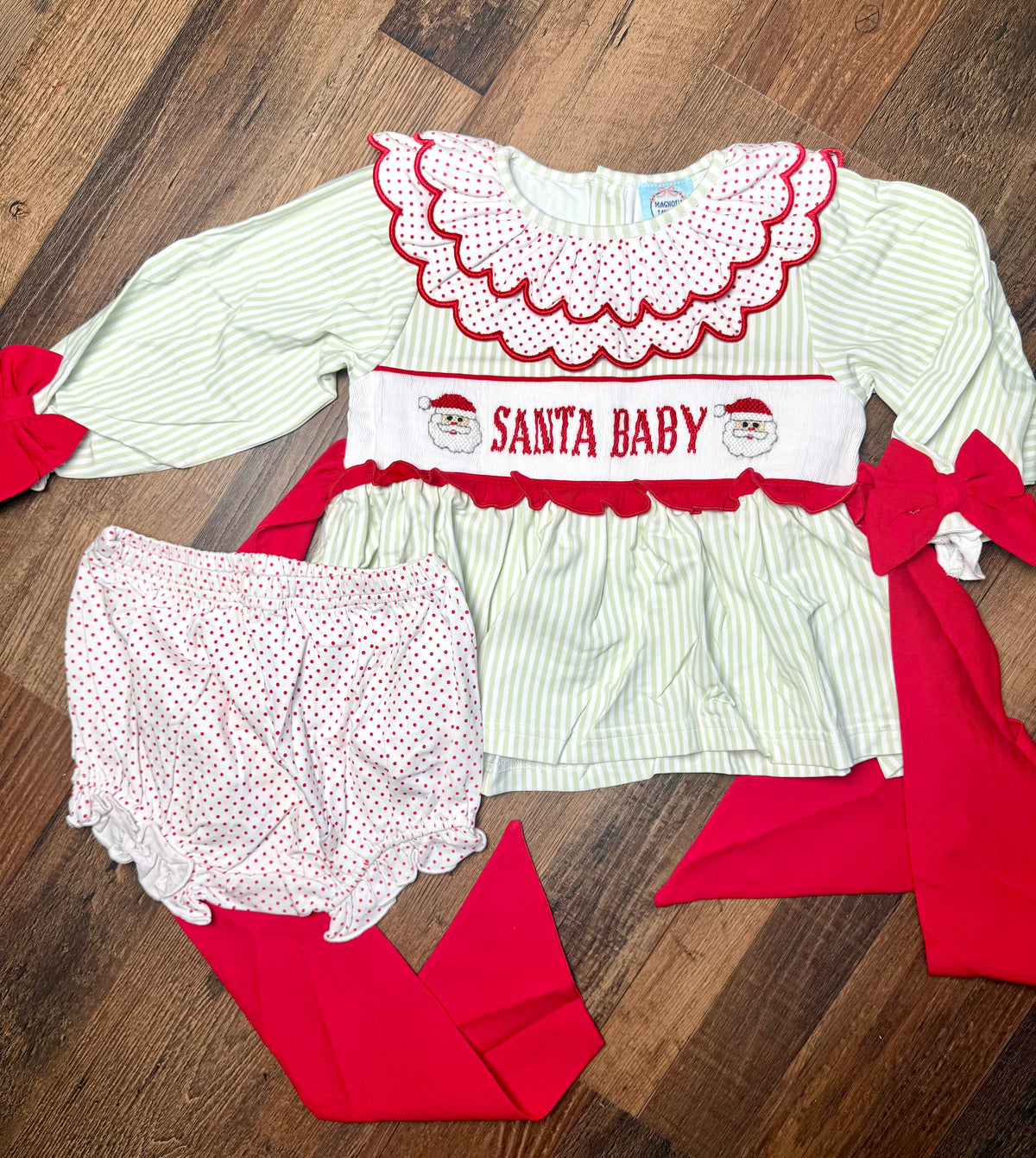 Santa Name Smocks (White Santa): Girl’s Bloomer Set - "SANTA BABY"