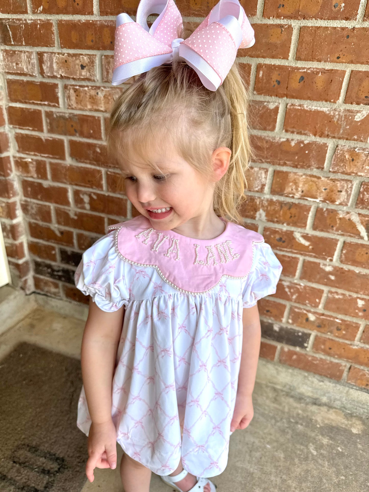 Pink Bow Trellis Pearl Name Bloomer Set - "MISS PRISS"