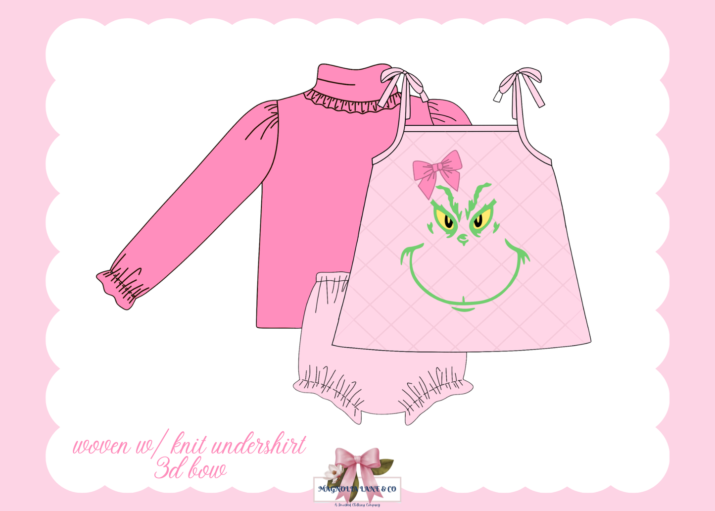 PO27: Girl's Quilted Grinch Bloomer Set/Dress (ETA: November)