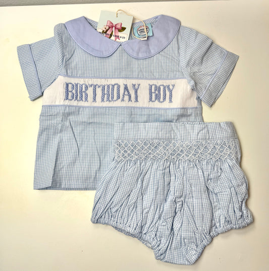 Boy's Blue Gingham Birthday Boy Smocked Diaper Set