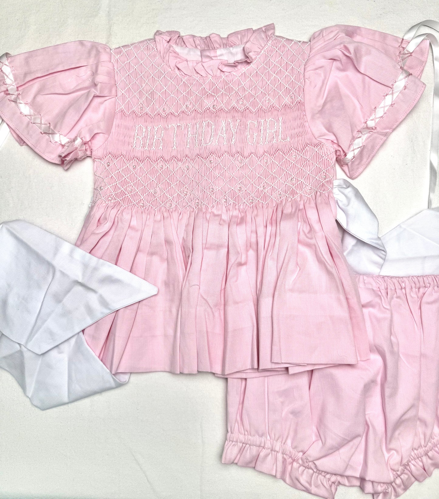 Heirloom Birthday Pearls SHORT SLEEVE Pink BLOOMER SET