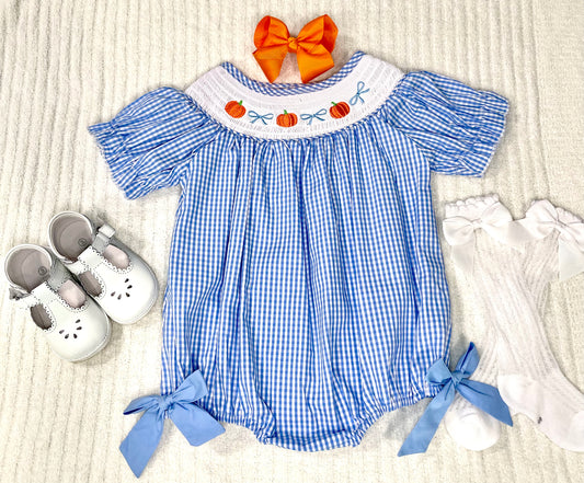 Light Blue Gingham Smocked Pumpkins -- GIRL'S BUBBLE