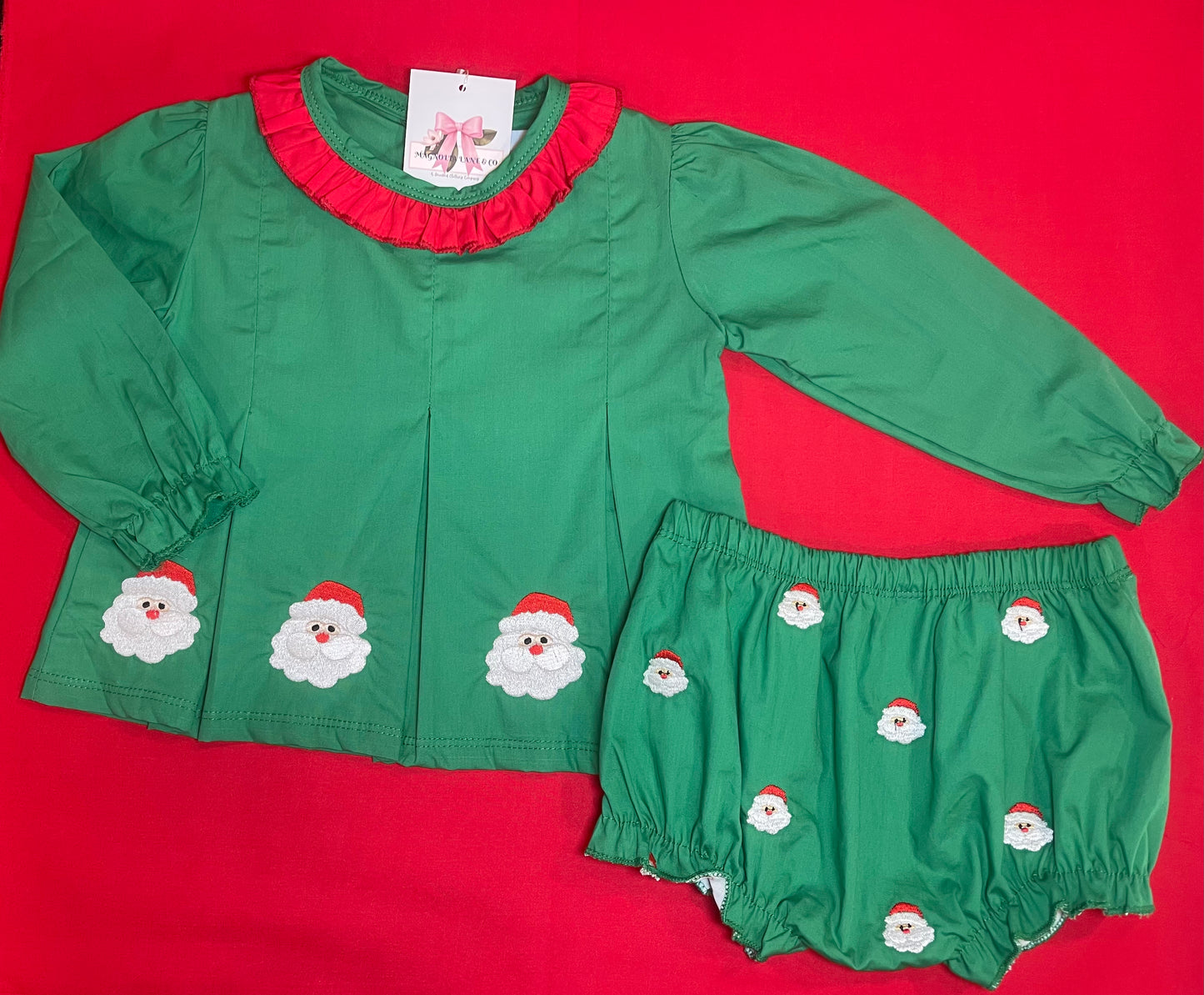 Green Embroidered Santas - Girl's Bloomer Set