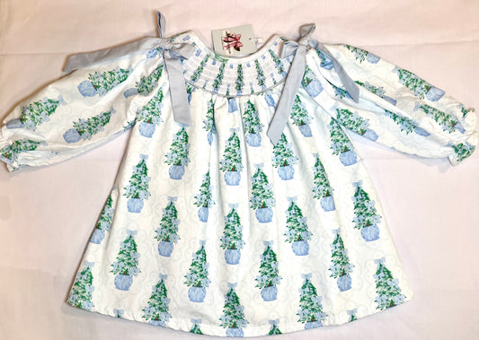 Blue Bow Christmas Trees Girl's Dress