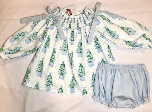 Blue Bow Christmas Trees Girl's Bloomer Set