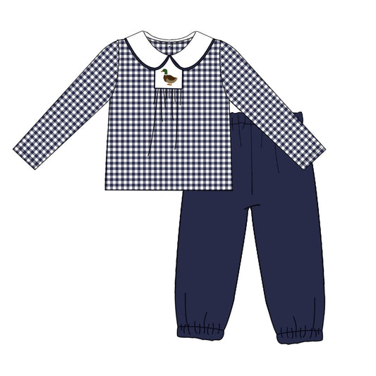 Navy Gingham Smocked Duck - Boy's Pants Set