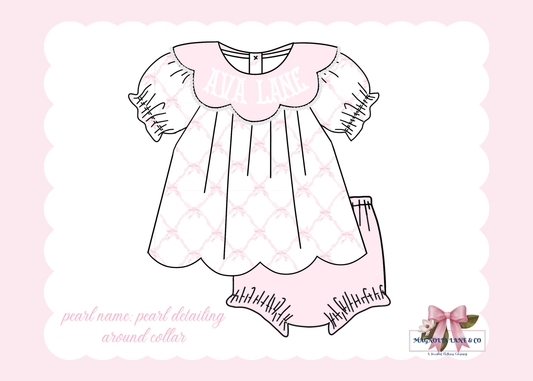PO20: Pink Bow Trellis Pearl Name Bloomer Set