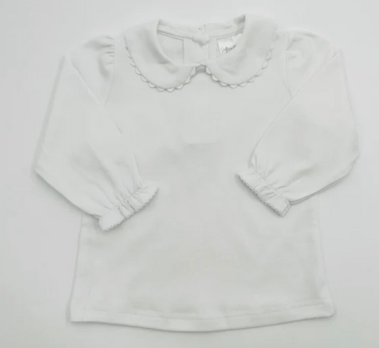 Girl's Scallop Collar Long Sleeve White Tee